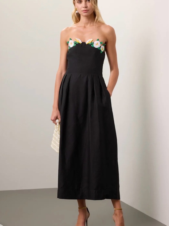 Fanm Mon Dresses & Skirts - Fanm Mon Strapless Black Midi Dress with Floral Trim Lorr Dress